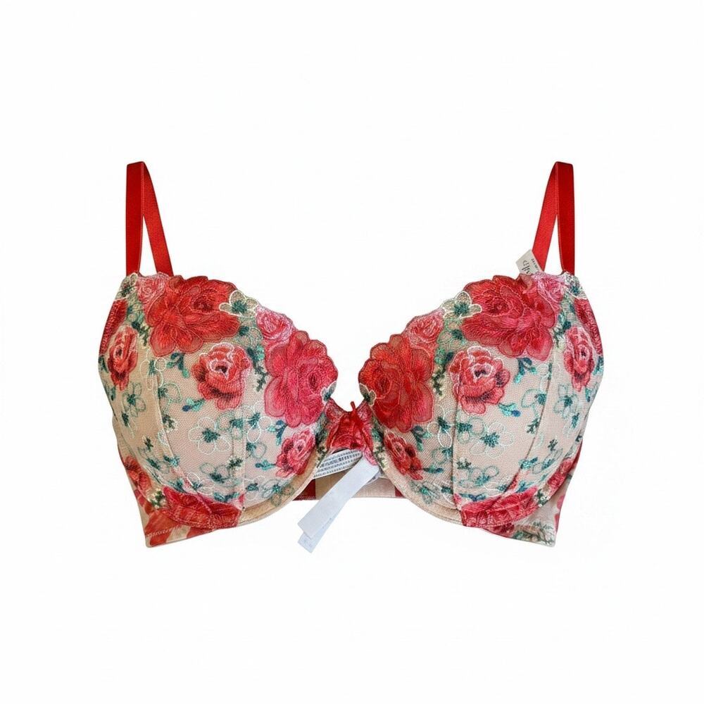 Victoria’s Secret Floral Lace Dream Angels Push Up Bra 34D Red Pink Embroidered